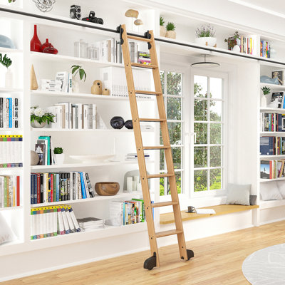Red Oak 8.06' 7-Step Wood Removable Contemporary Wheel Ladder