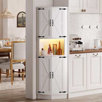 65 in Farmhouse Corner Cabinet with LED Lights, Freestanding Storage Cabinet with Barn Doors, 5-Tier Shelves, Versatile Display Organizer for Living Room Bar Kitchen Bathroom