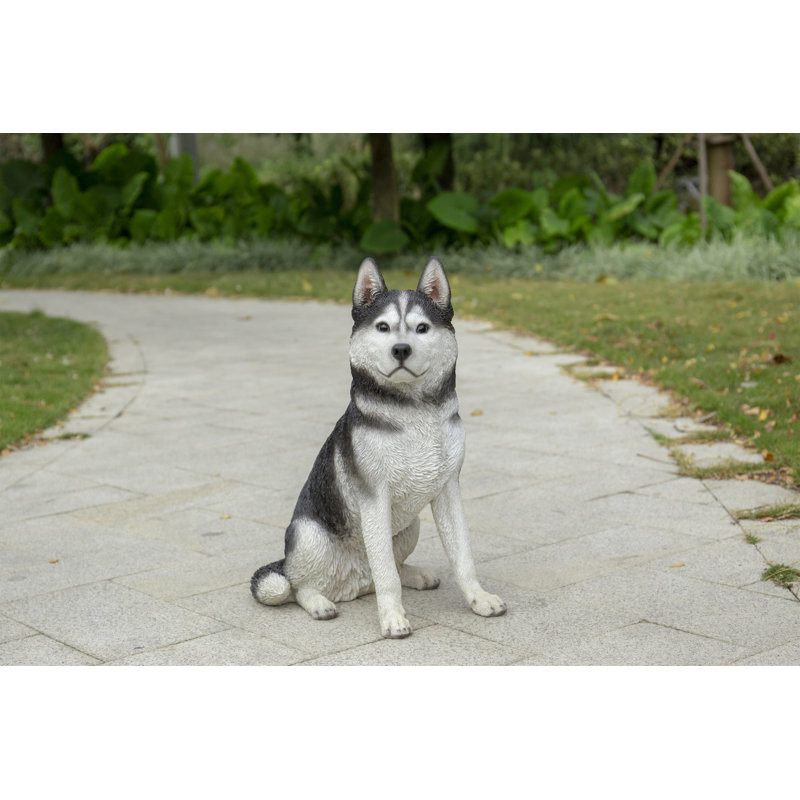 Large Black and White Resin Siberian Husky Sitting Statue