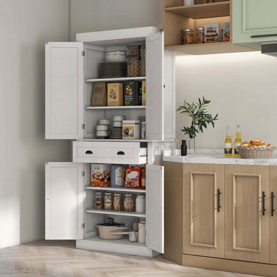Traditional Freestanding Kitchen Pantry with 4 Doors Drawer 3 Adjustable Shelves Wood Grain