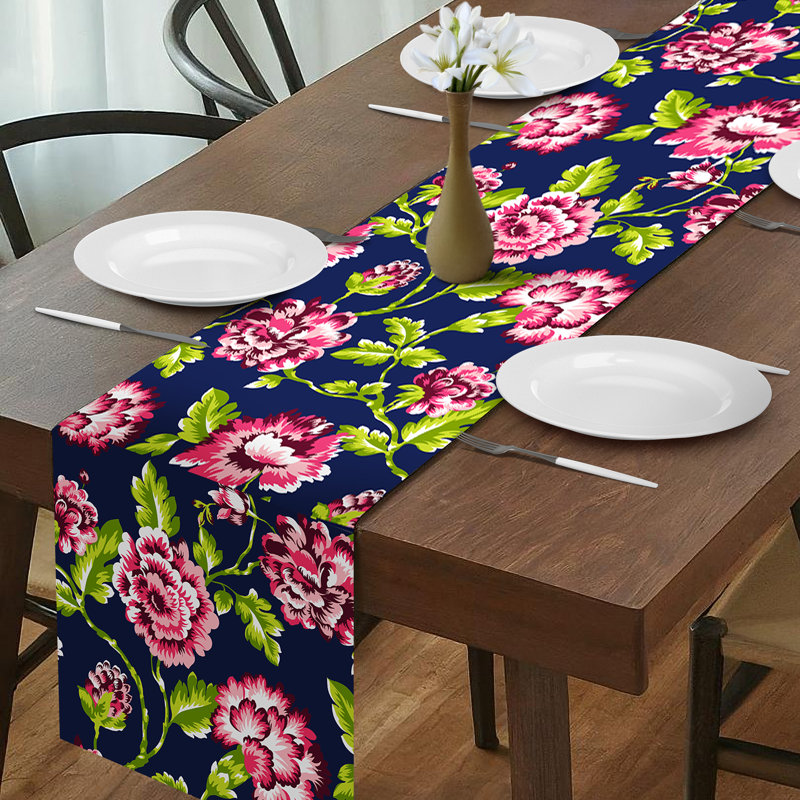 Ronni Handmade Floral Table Runner Blue Polyester for Dining Table Decor, Holiday Gatherings & Christmas Decor