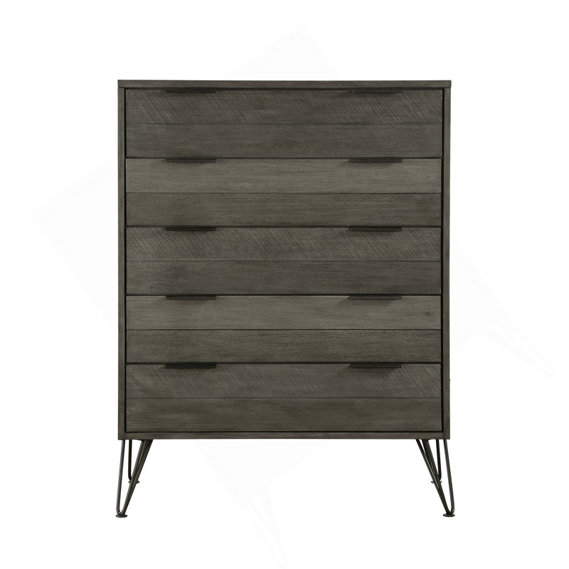 Commode de chambre contemporaine à trois tons de finition grise avec pieds en métal et placage d'acacia