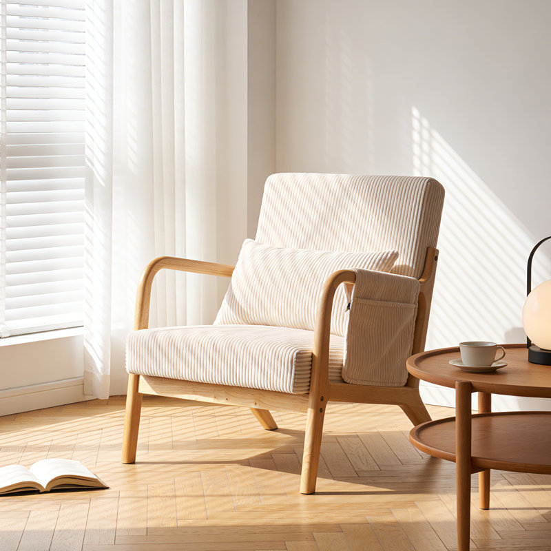 Mid-Century Modern Corduroy Accent Chair with Side Storage Pocket & Lumbar Support, Beige, Beige Wood