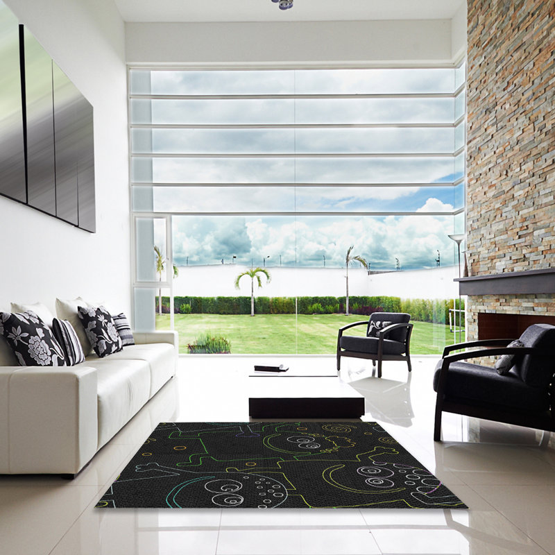 Tapis noir / vert / jaune Lyla, Carré de 6 pi