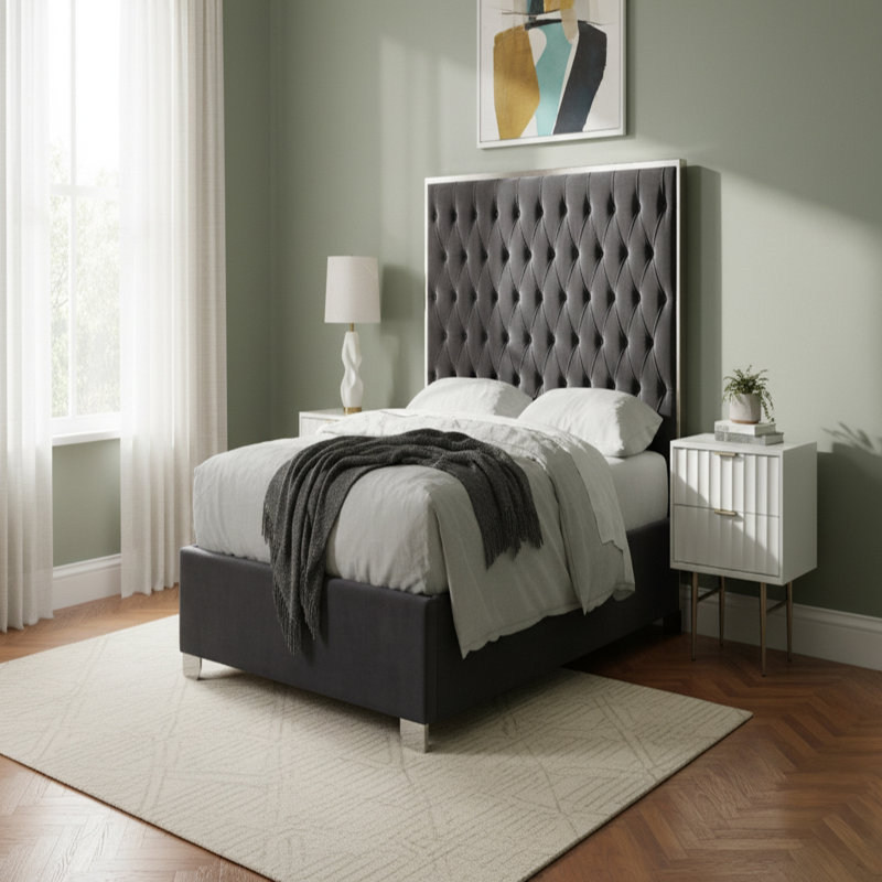 Lit plateforme tapissier capitonné Spadaro, Gris, Argent, Double