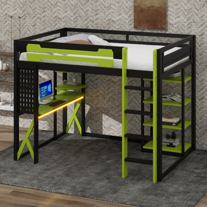 Lit mezzanine double en bois avec lumière RVB et tablettes, Noir / Vert