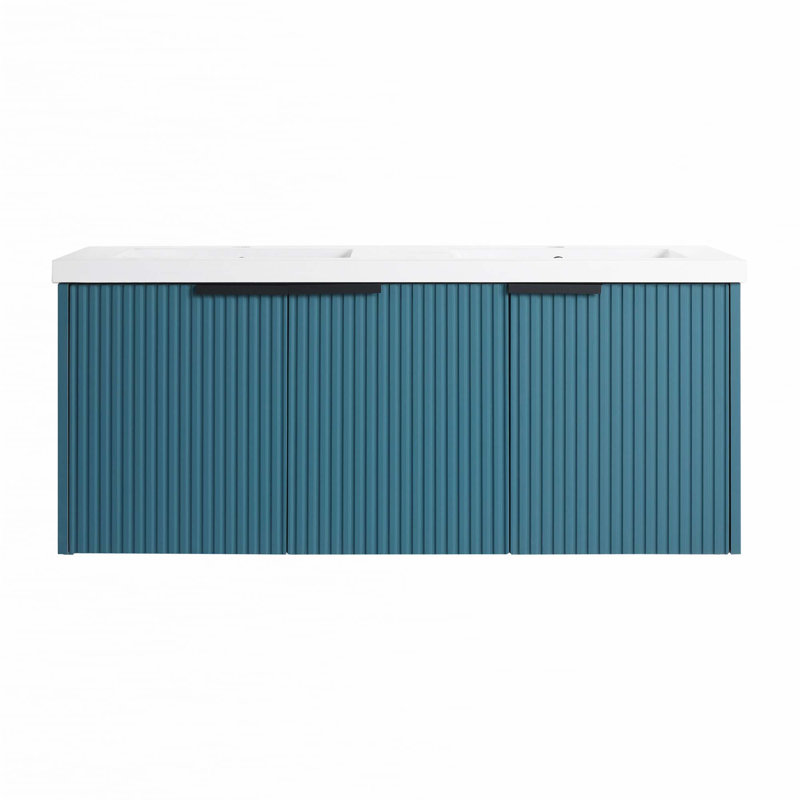 Meuble-lavabo mural 48 po avec lavabo double en résine et 3 portes à fermeture en douceur, Bleu lac