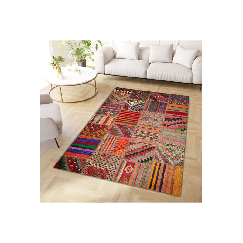 Machine Washable  Multicolor Patchwork Look Woven Base Modern Decorative Rug, Rectangle 5'1" x 7'7"
