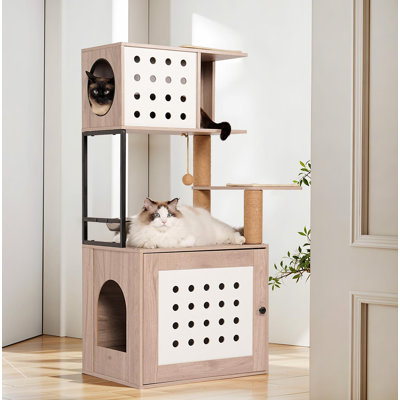 Arbre à chat avec bac à litière, grand hamac, station d'alimentation et poteaux à griffer