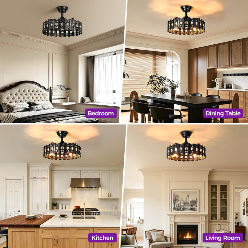 17.8" 7-Blade Glam Crystal Black Metal Cage Ceiling Fan with Light, Reversible DC Motor, Remote Control, Height Adjustable