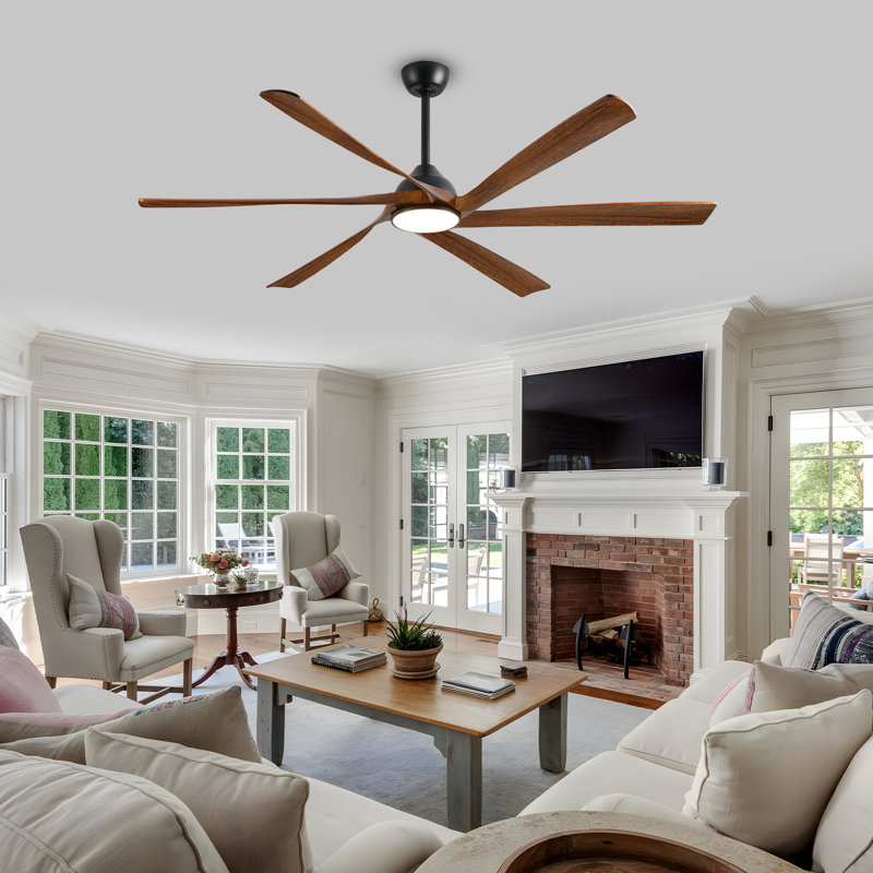 Ventilateur de plafond en bois massif à 6 pales Smart Modern avec télécommande, moteur à courant continu réversible et lumière DEL à intensité variable