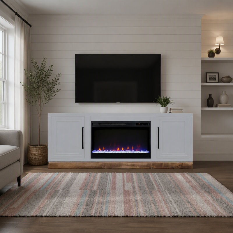 Meuble télé modulaire avec foyer électrique, rangement et chauffage d'appoint pour grands téléviseurs.