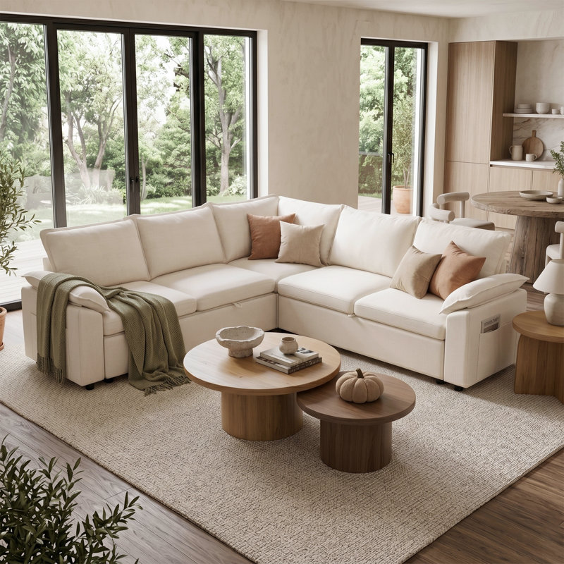 Canapé-lit modulaire avec lit escamotable, canapé modulaire en L à 5 places avec rangement, canapé Cloud avec assise profonde, chenille, gris clair