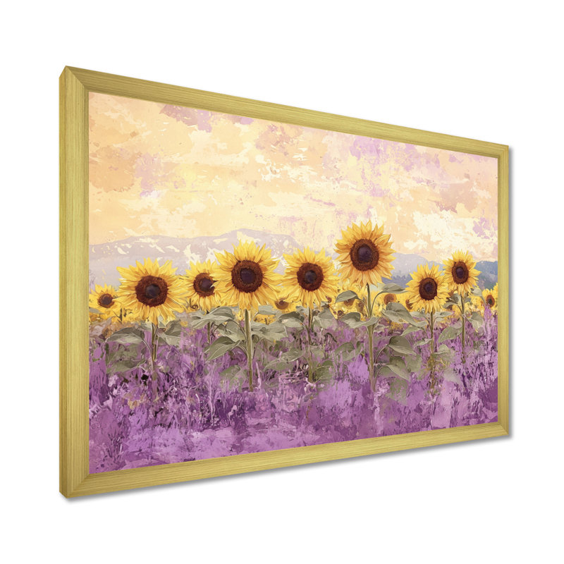 Lavande tournesol champ I - tournesols, art mural, H 24 po x l 32 po, Reproduction encadrée d'une seule photo, Doré