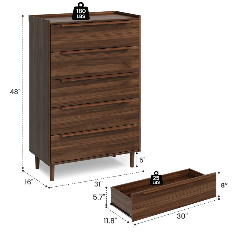 Modern Vertical Dresser, 5-Drawer Wood Storage Cabinet