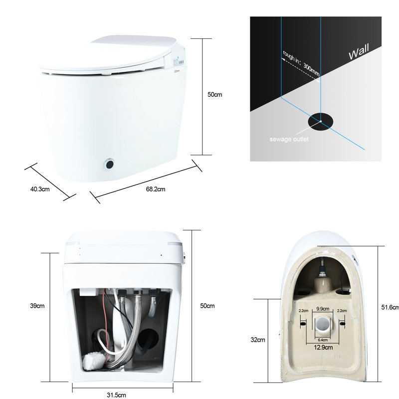 Toilette intelligente en céramique à siège chauffant, signal de chasse automatique en une pièce, marque de capteur de pied, perspective de panne de courant, couvercle de toilette à fermeture en douceur, nuit blanche, indicateur de processus de commande à bouton, chance, mode