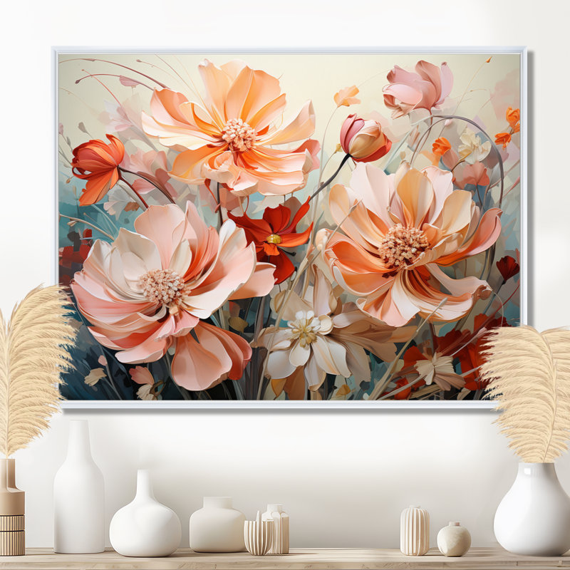 Coral Petal Symphony I - Abstract Botanicals, art mural, H 16 po x l 32 po x P 1 po, Cadre flottant blanc