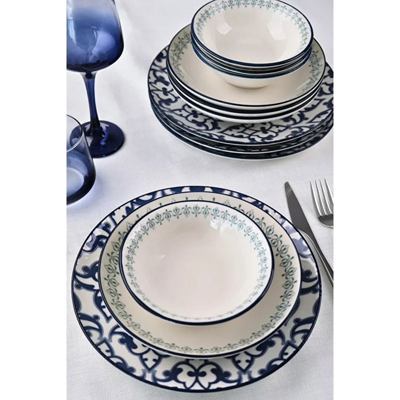 Ensemble de vaisselle élégant 12 pièces, 100% porcelaine, comprend 4 assiettes de service (10,6 x 10,6 x 1,0 pouces), 4 assiettes (8,7 x 8,7 x 1,2 pouces), 4 bols (6,3 x 6,3 x 1,8 pouces) | Va au lave-vaisselle et au micro-ondes | Parfait pour les repas et les réceptions élégants