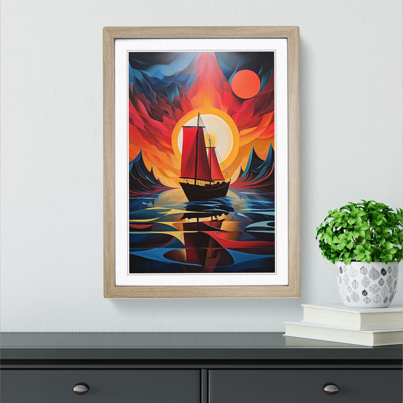 Boat on a Lake Abstract Art - Framed Print, Oak Framed, 34cm H x 25cm W x 2cm D