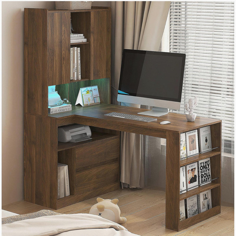 Bureau en L, bureau d'ordinateur avec tiroirs, bibliothèque avec éclairage à DEL, bureau d'angle moderne, bureau à domicile, bureau d'écriture en L, bureau d'ordinateur de coin avec rangement