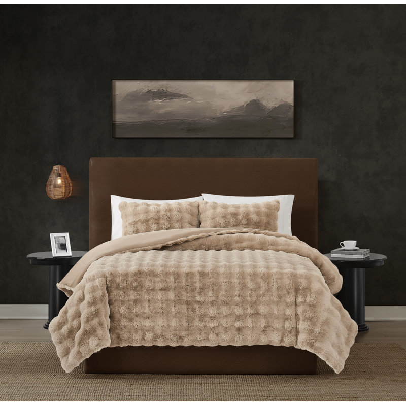 Ensemble d'édredon en fausse fourrure Frye Bubble, Édredon pour grand lit + 2 taies décoratives pou, Tanné