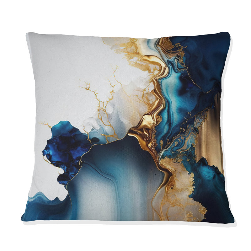 Géode abstraite or et marbre bleu I - Coussin abstrait en marbre imprimé, H 16 po x l 16 po, Carré