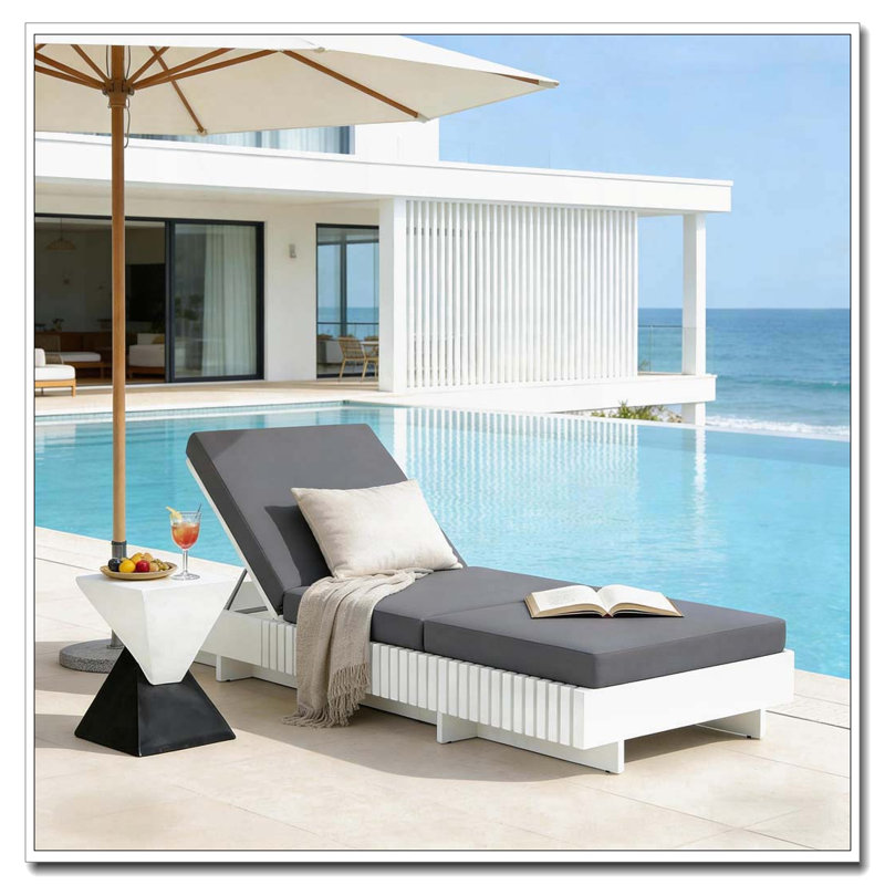 Solid Wood Lounge Chaise, White+D3-Fold Cushion