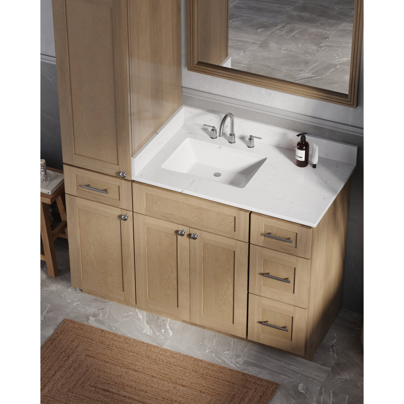 Disar 51' Single Bathroom Vanity With Left Linen Tall Cabinet Dovetail Solid Wood Drawer Carrara Quartz Top, Natural Oak