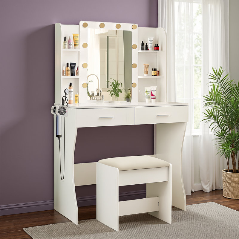 Meuble-lavabo blanc avec lumières DEL et prise de courant intégrée