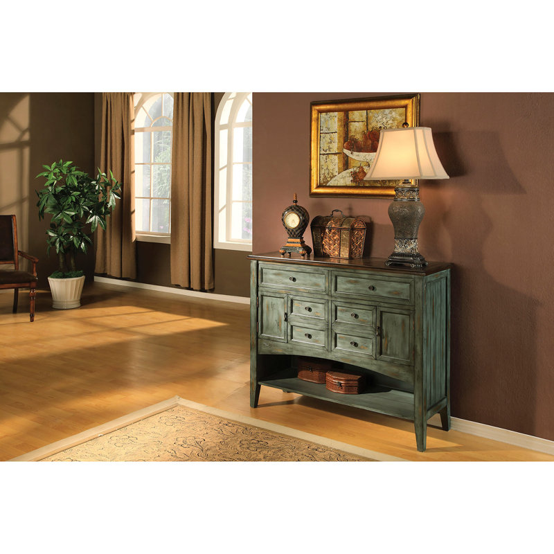 46'' Blue Hand-Painted Rustic Sideboard with Wood Top