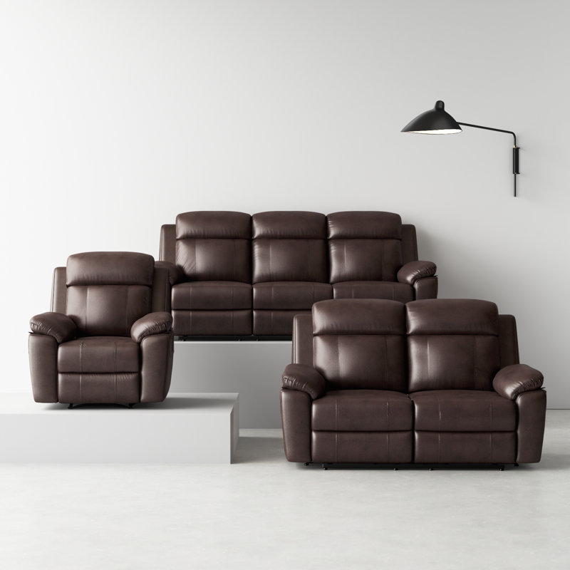 Ensemble de salon inclinable en cuir véritable 3 pièces Arashel, Cuir véritable brun