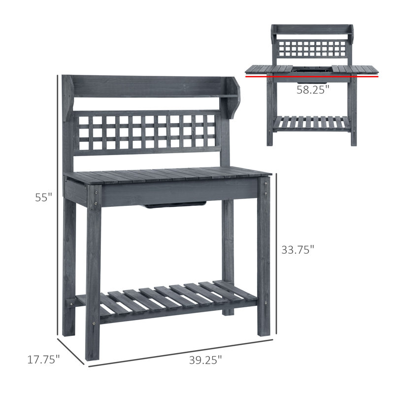 Banc de rempotage en bois pour l'extérieur avec plateau coulissant gris