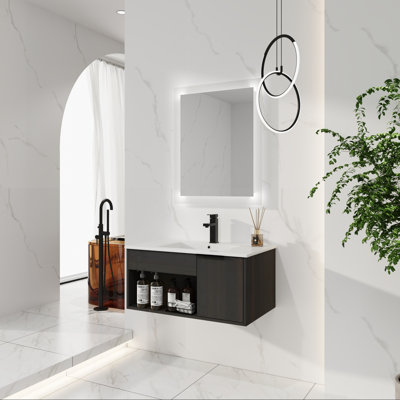  Meuble-lavabo flottant 30 po, lavabo en céramique à rebord mince, chêne foncé, tablette ouverte