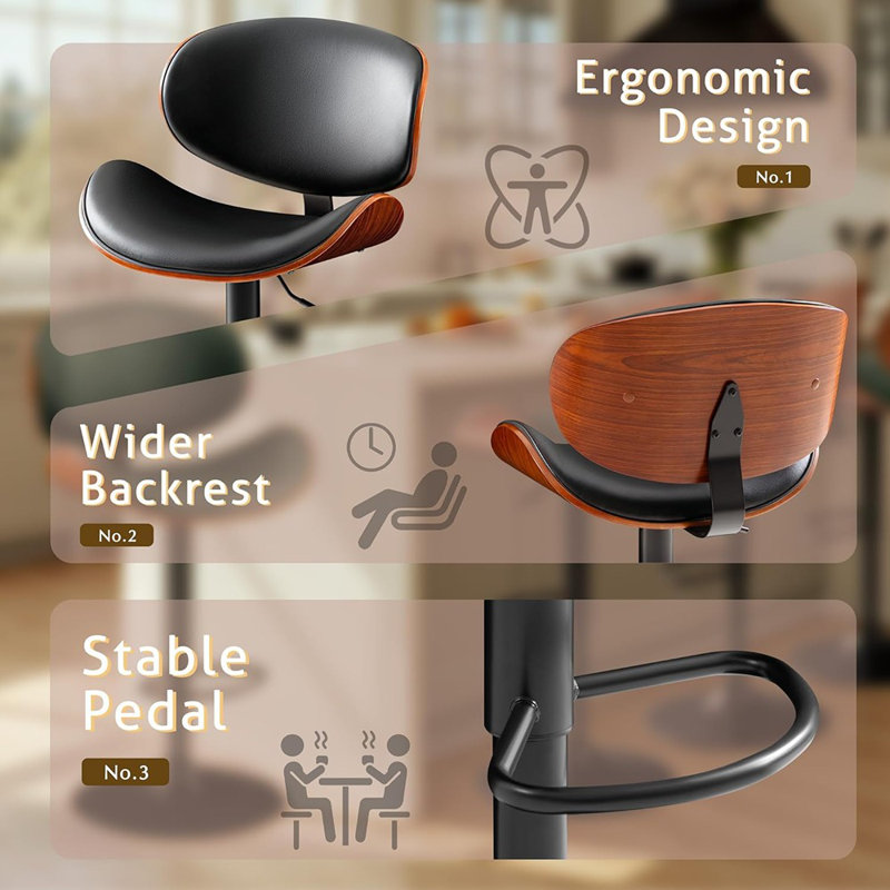 Ensemble de 2 tabourets de bar pivotants réglables modernes avec dossier et repose-pieds en similicuir, noir