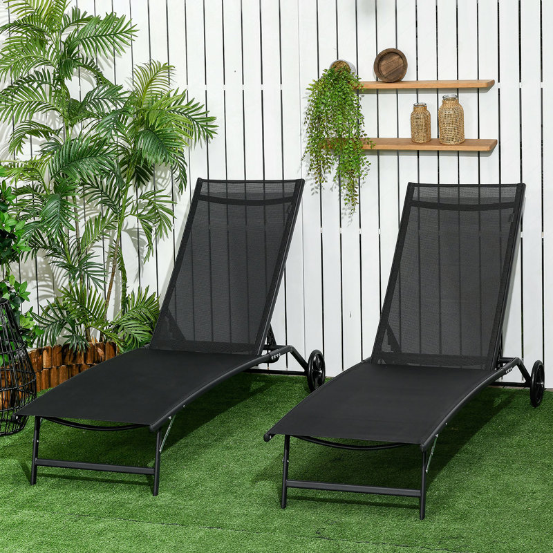 Chaise longue d'extérieur Outsunny, ensemble de 2 pièces avec roulettes et 5 positions réglables pour le patio, la plage, la cour, la piscine, noir