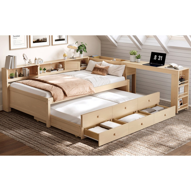 Twin Size Daybed With Trundle,Wood Daybed Frame with Storage Drawers,Side Shelves and Desk,Golden, Natural, Twin