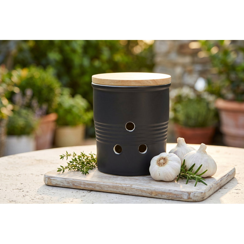 Porte-ail en céramique noir mat avec couvercle en bambou ventilé | Contenant de rangement de style campagnard rétro pour ampoules à l'ail fraîches