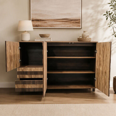 55 Inch Buffet Sideboard Cabinet with Hand Carved Craftsmanship, 2 Drawers and 3 Doors with Adjustable Shelves for Kitchen and Living Room