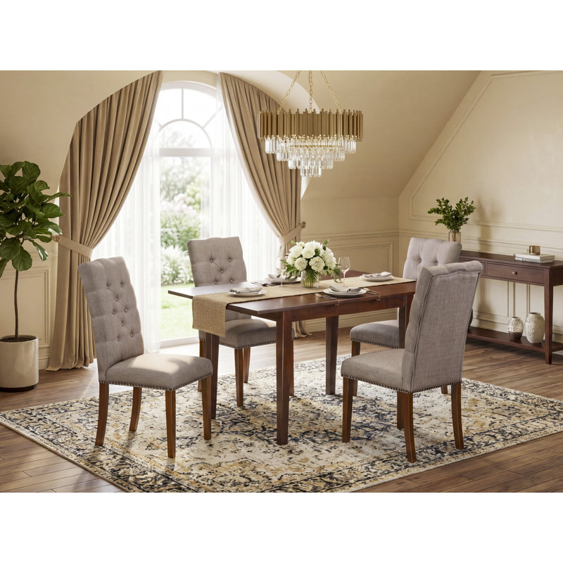 L'ensemble de table de cuisine 5 pièces pour 4 personnes comprend une table de salle à manger rectangulaire avec rallonge papillon et 4 chaises parsons en lin et en lin brun, acajou