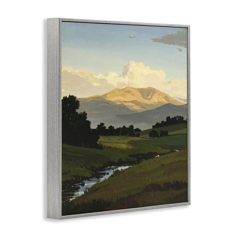 Across The Valley Nature, estampe numérique, design par Alonza Saunders, H 20 po x l 16 po, Giclée de ferme grise encadrée