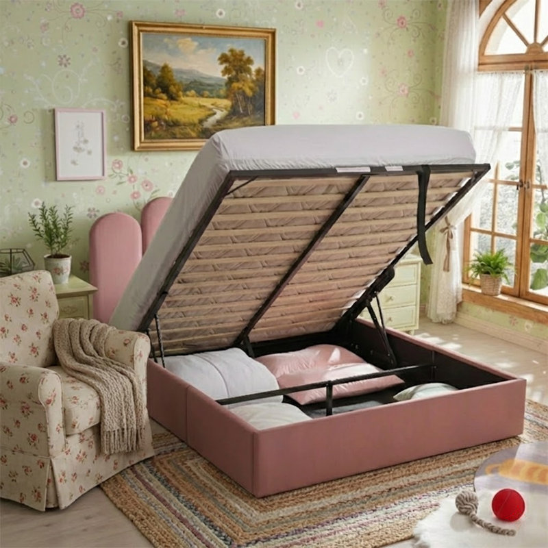 Chelsa Upholstered Hydraulic Storage Platform Bed with Velvet Palm Headboard, Pink, Queen