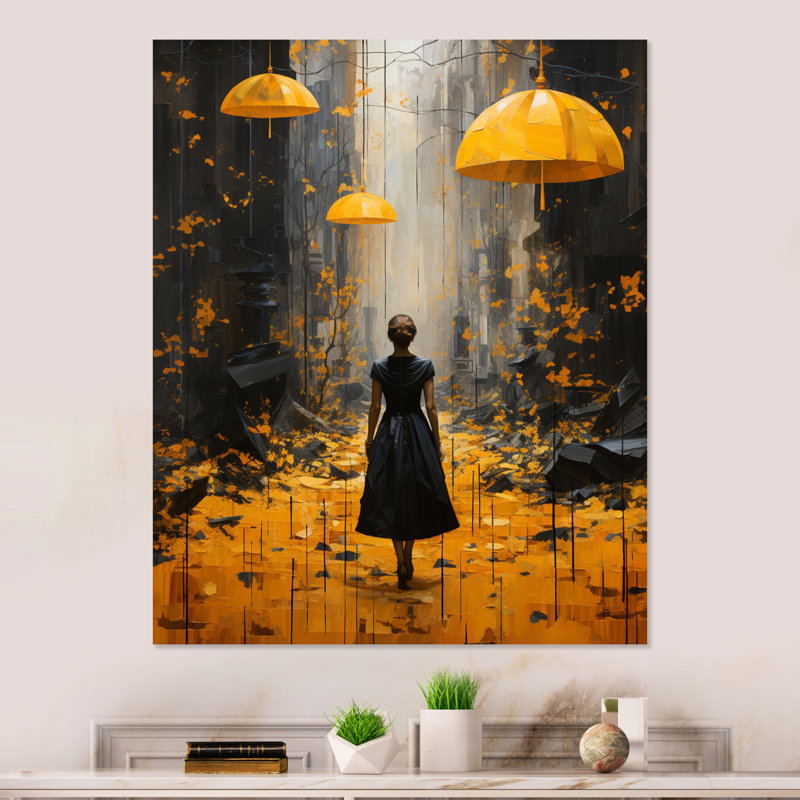 Décoration de mode pour femme avec parapluie jaune, H 32 po x l 16 po x P 1 po