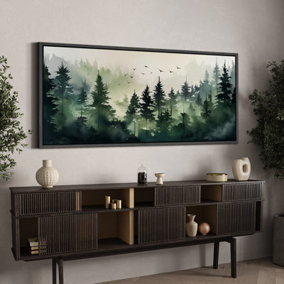 Woodland Forest Landscape " Extra Large Misty Forest Watercolor Tranquil Pine Trees With Birds Silhouette Retro Fine Art "
