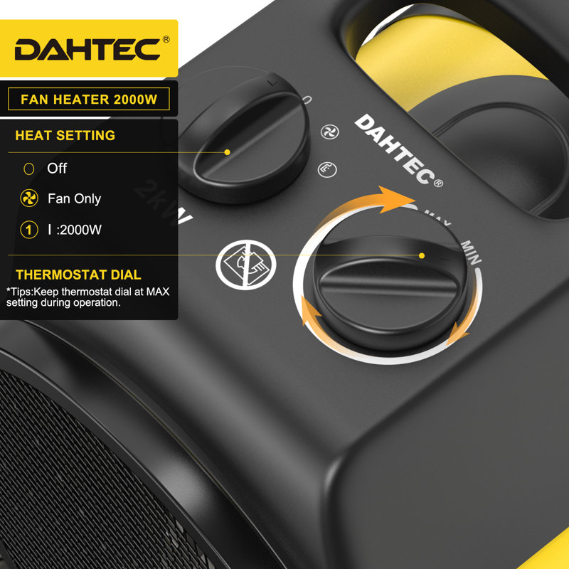 Fan Heater 2000W - Compact Electric Heater, Ideal for Home, Workshop and Construction Site - DAHTEC, Yellow