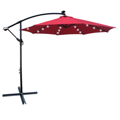 10 Ft Outdoor Patio Umbrella Solar Powered LED Lighted 8 Ribs Umbrella With Crank And Cross Base For Garden  Outside Deck Swimming Pool