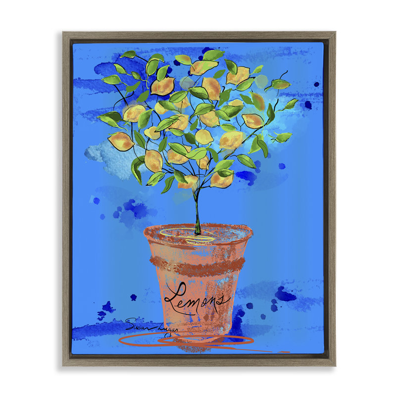 Cadre flottant bleu vif Pots Lemons, design par Susan Lugar, H 31 po x l 25 po, Cadre flottant orme Montalcino