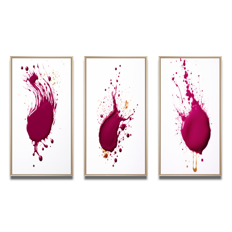 Viva Magenta Paint Splatter - Abstract Painting Art Set Of 3 Pieces, Encadré naturel, H 28 po x l 36 po