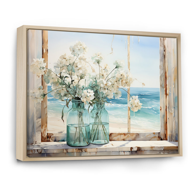 «Blue Window Beachfront View Blooms I» - art mural fenêtres côtières, H 34 po x l 44 po x P 1,5 po, Cadre flottant brun