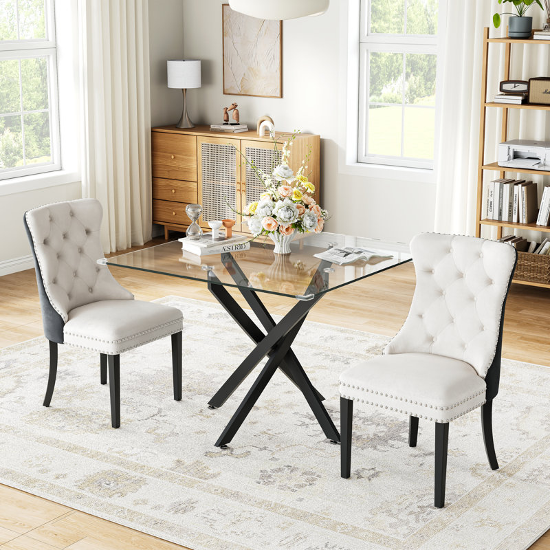 3-Piece Square Dining Set, 36" Tempered Glass Table With Matte Black X-Base And 2 Velvet Dining Chairs With Pull Rings, Modern Kitchen Furniture Set