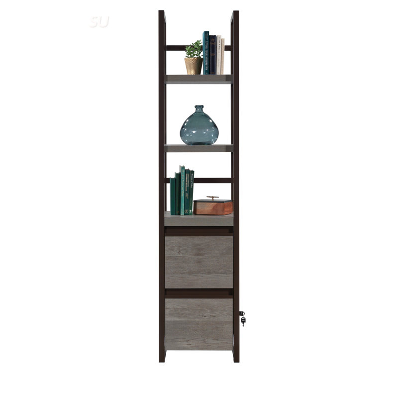 Bibliothèque étroite avec tiroirs verrouillables, rangement peu encombrant pour les petites pièces et les bureaux, finition chêne naturel